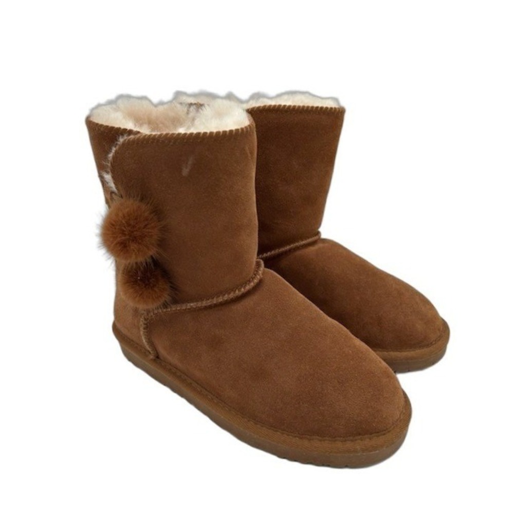 Dream Pairs Shorty Pompon Boots Girls' Size 4 Chestnut Sheepskin Shearling Lined